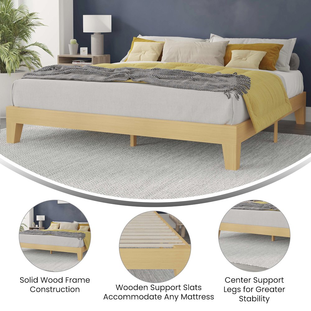 Natural Pine Finish Wood King Platform Bed with Wooden Support Slats