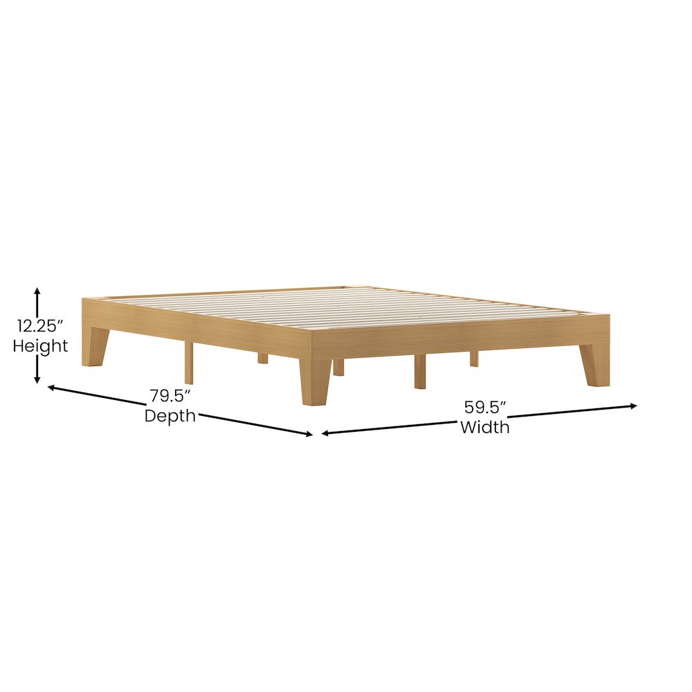 Natural Pine Finish Wood Queen Platform Bed with Wooden Support Slats