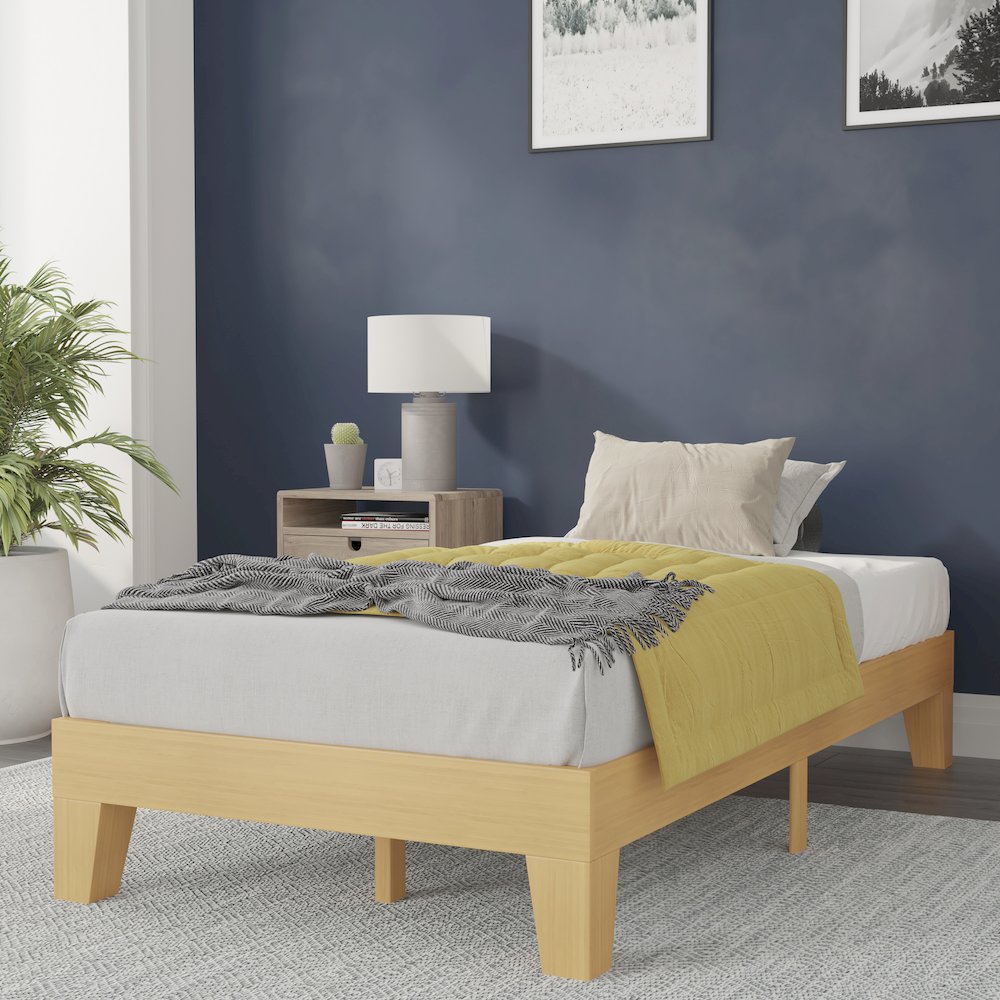 Natural Pine Finish Wood Twin Platform Bed with Wooden Support Slats