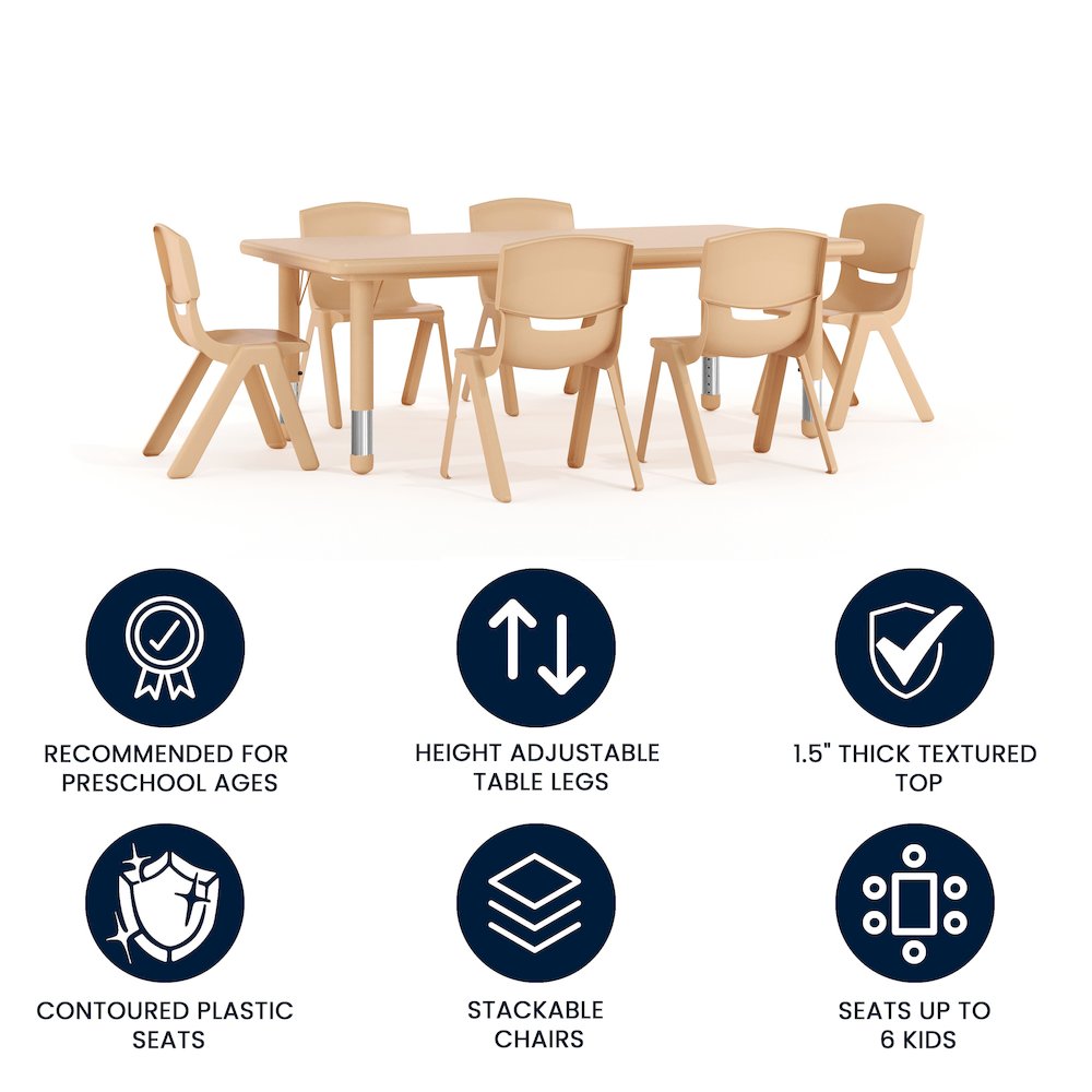 24″W x 48″L Natural Plastic Height Adjustable Activity Table Set with 6 Chairs