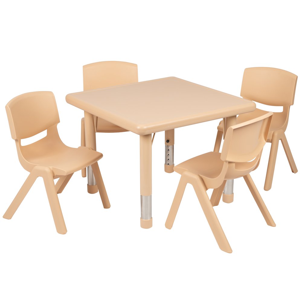 24″ Square Natural Plastic Height Adjustable Activity Table Set with 4 Chairs