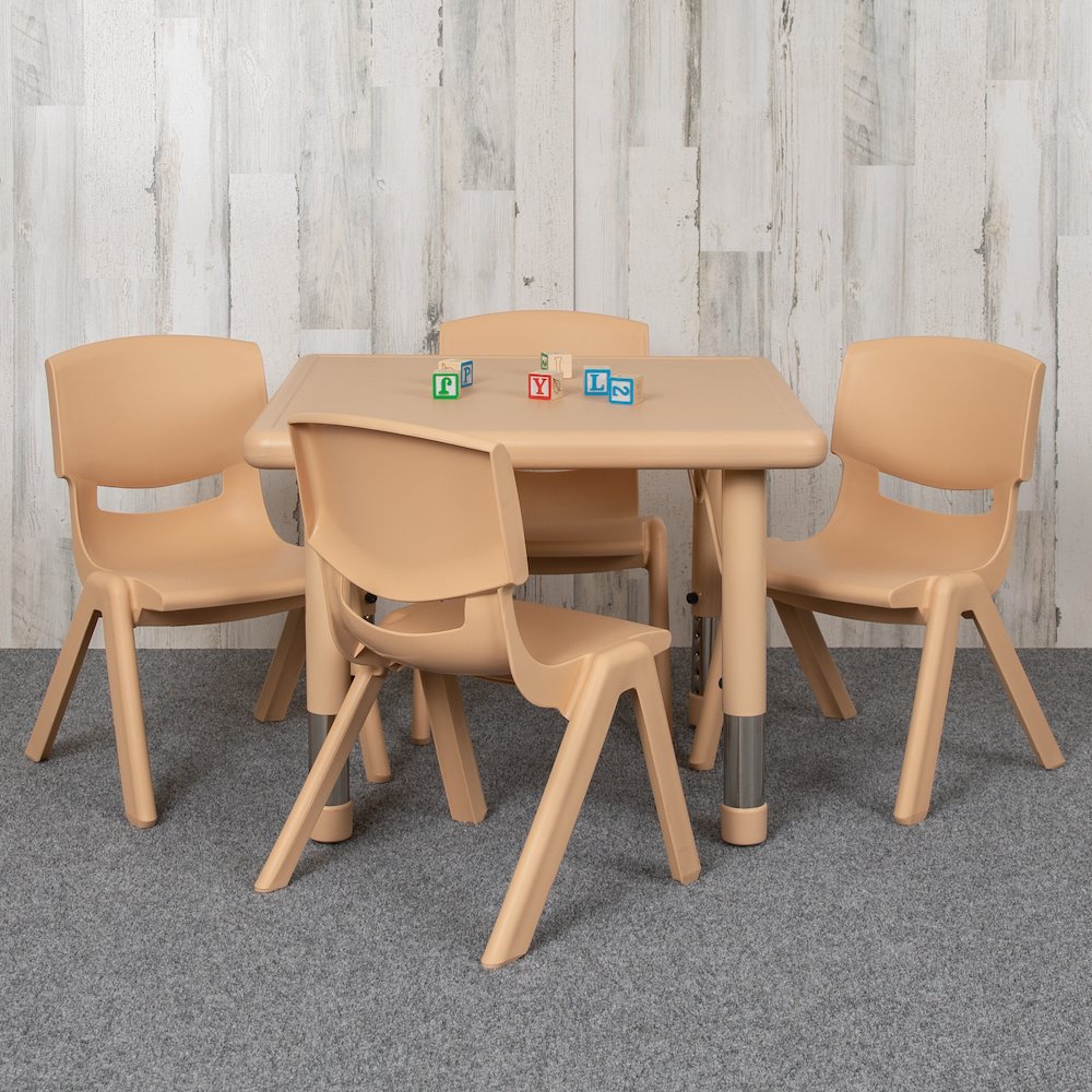 24″ Square Natural Plastic Height Adjustable Activity Table Set with 4 Chairs