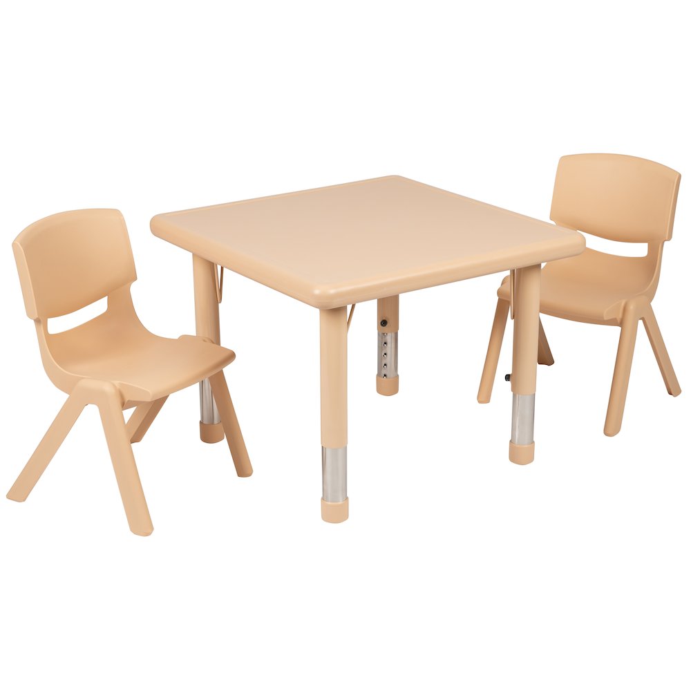 24″ Square Natural Plastic Height Adjustable Activity Table Set with 2 Chairs