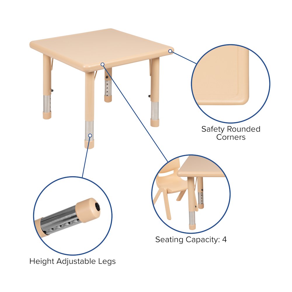 24″ Square Natural Plastic Height Adjustable Activity Table Set with 2 Chairs
