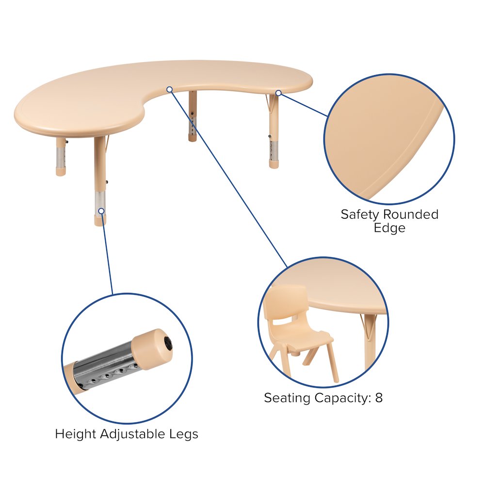35″W x 65″L Half-Moon Natural Plastic Height Activity Table Set with 4 Chairs