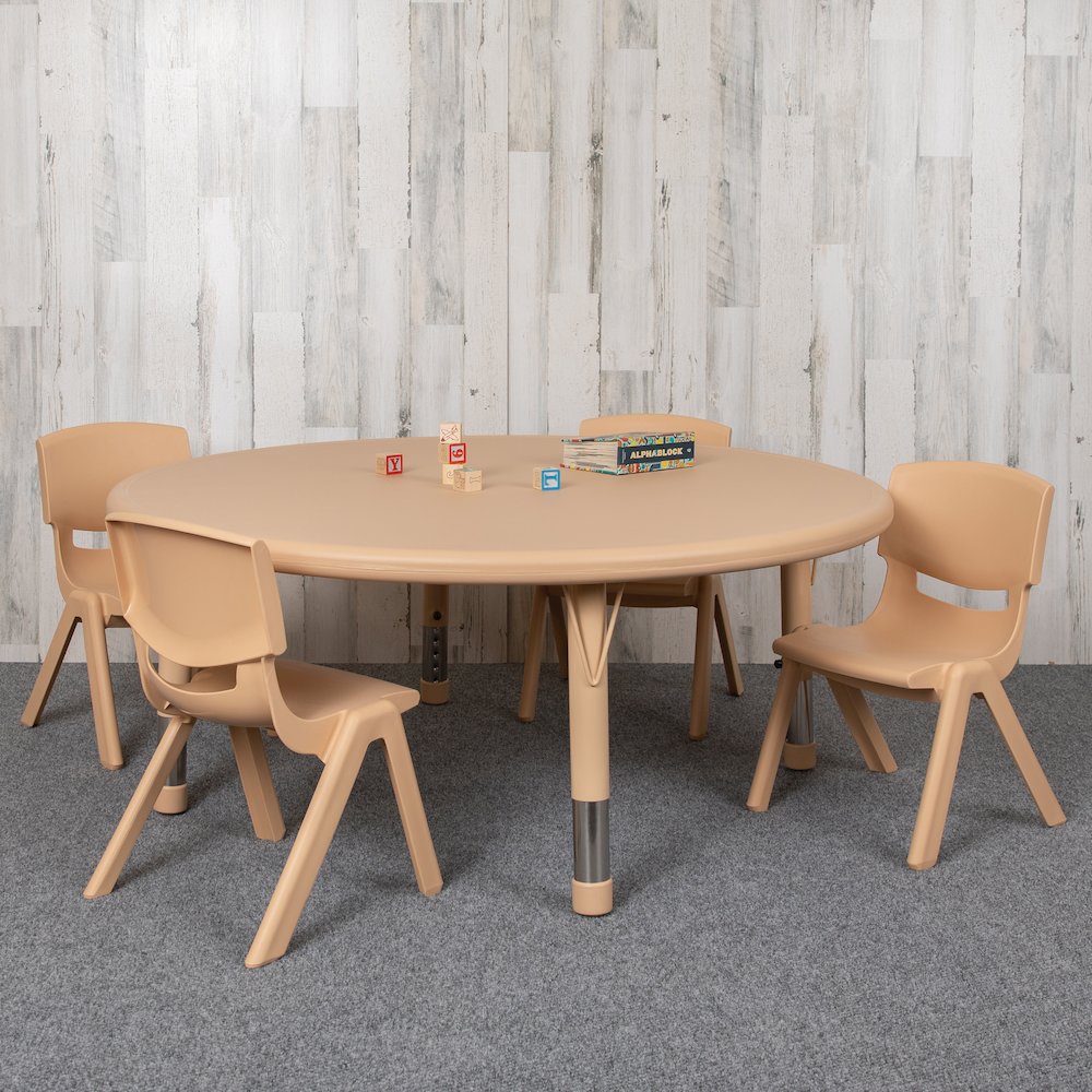 45″ Round Natural Plastic Height Adjustable Activity Table Set with 4 Chairs