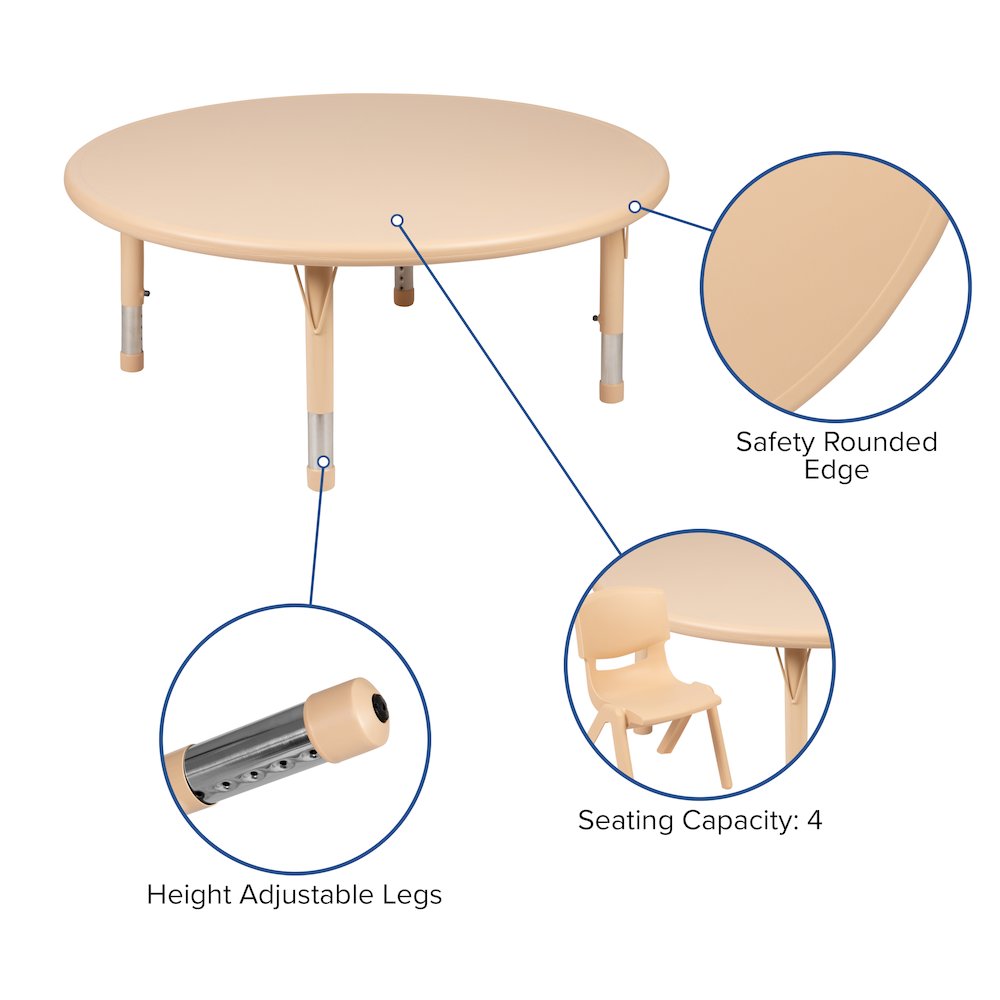 45″ Round Natural Plastic Height Adjustable Activity Table Set with 2 Chairs