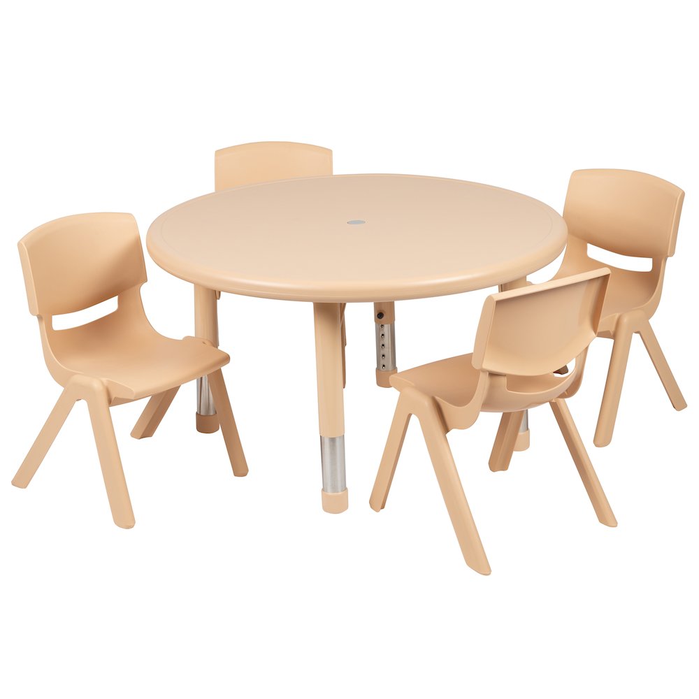 33″ Round Natural Plastic Height Adjustable Activity Table Set with 4 Chairs