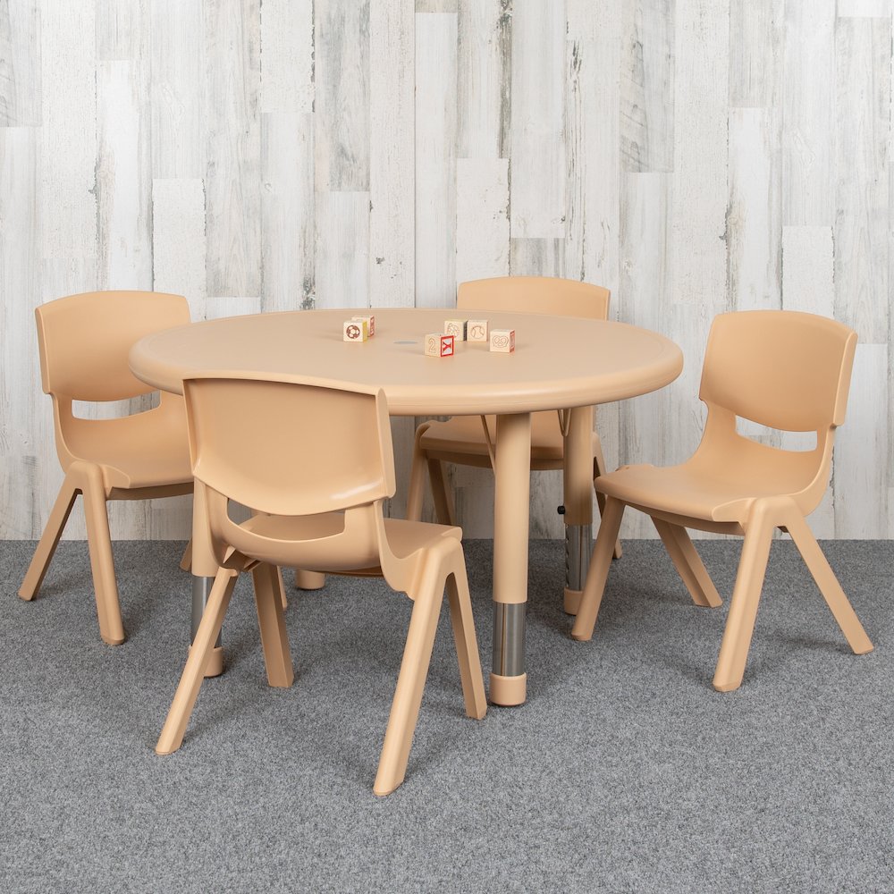 33″ Round Natural Plastic Height Adjustable Activity Table Set with 4 Chairs