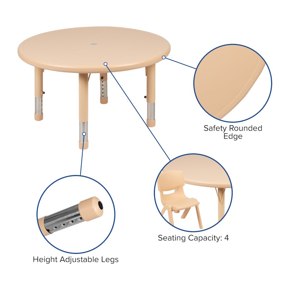 33″ Round Natural Plastic Height Adjustable Activity Table Set with 2 Chairs