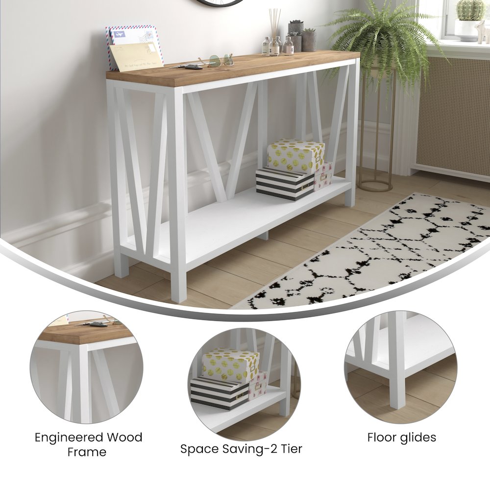 Farmhouse 2-Tier Console Table – Brushed White Finish Engineered Wood Frame