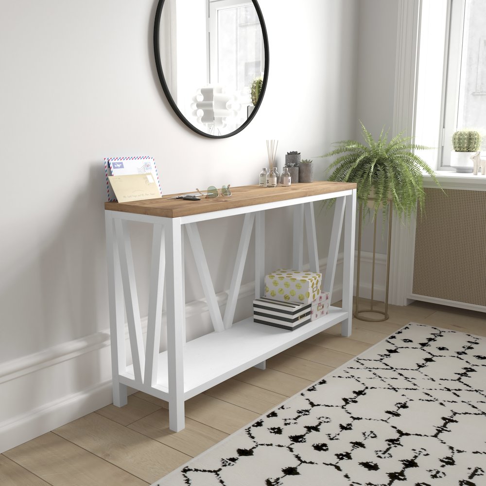 Farmhouse 2-Tier Console Table – Brushed White Finish Engineered Wood Frame