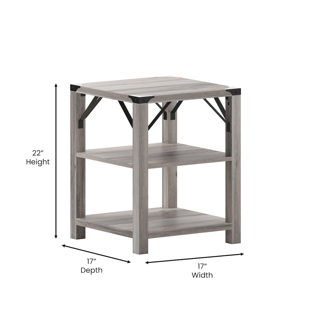 Farmhouse Wooden 3 Tier End Table with Black Metal Corner Accents