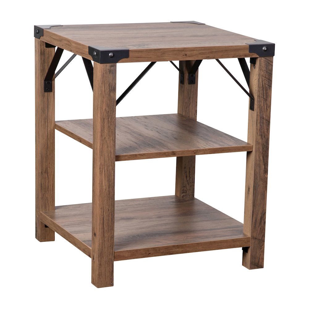 Farmhouse Wooden 3 Tier End Table with Black Metal Corner Accents