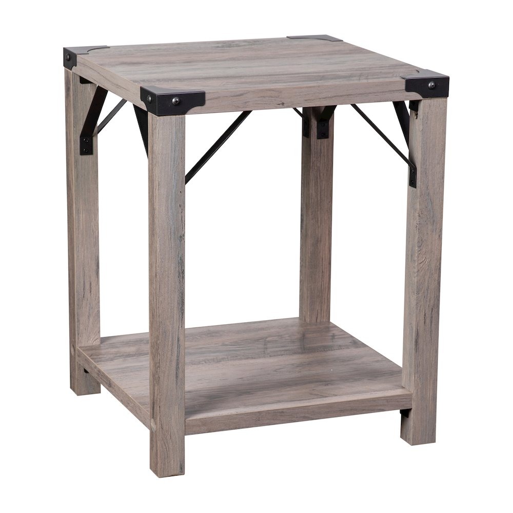 Farmhouse Wooden 2 Tier End Table with Black Metal Corner Accents