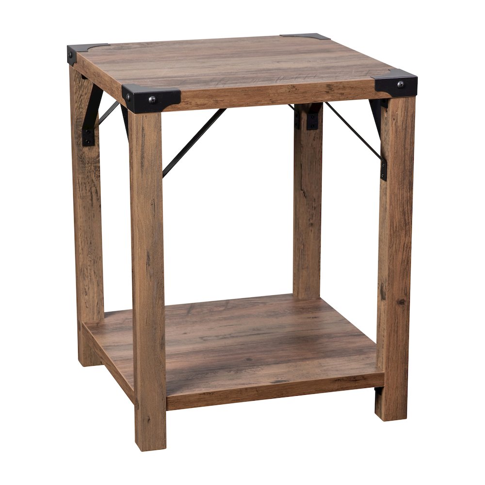 Farmhouse Wooden 2 Tier End Table with Black Metal Corner Accents