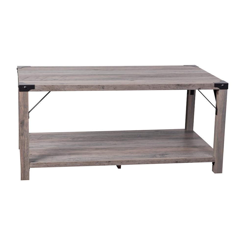 Farmhouse Wooden 2 Tier Coffee Table with Black Metal Corner Accents