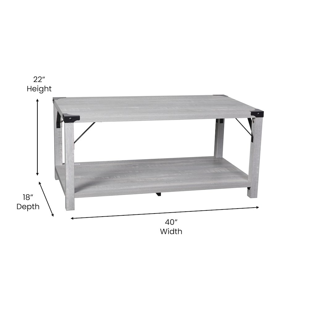 Farmhouse Wooden 2 Tier Coffee Table with Black Metal Corner Accents