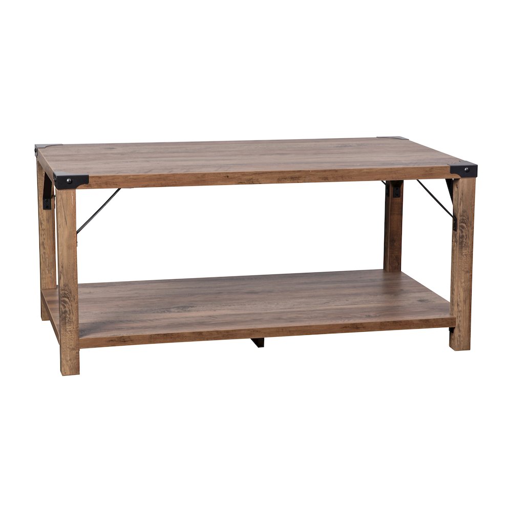 Farmhouse Wooden 2 Tier Coffee Table with Black Metal Corner Accents