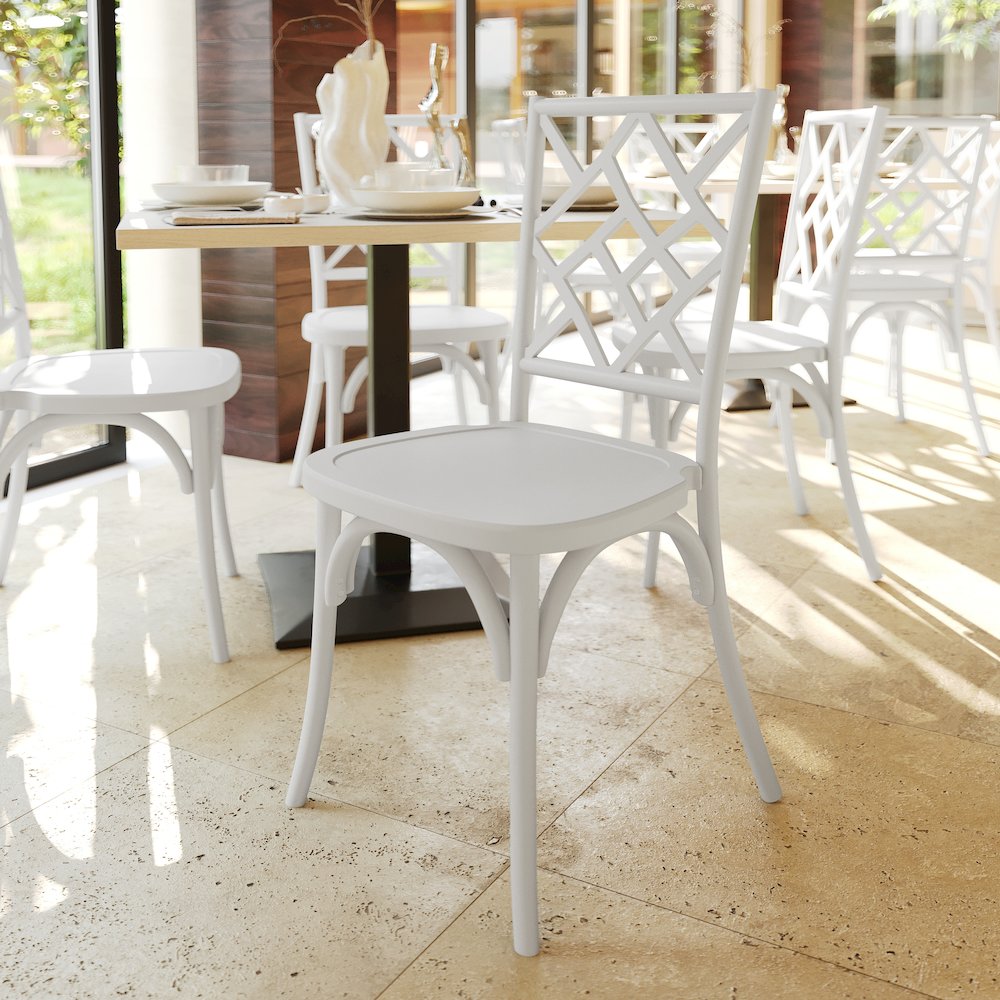 Brooklyn White Solid Wood Stackable Dining Chair with Intricate Back Detail