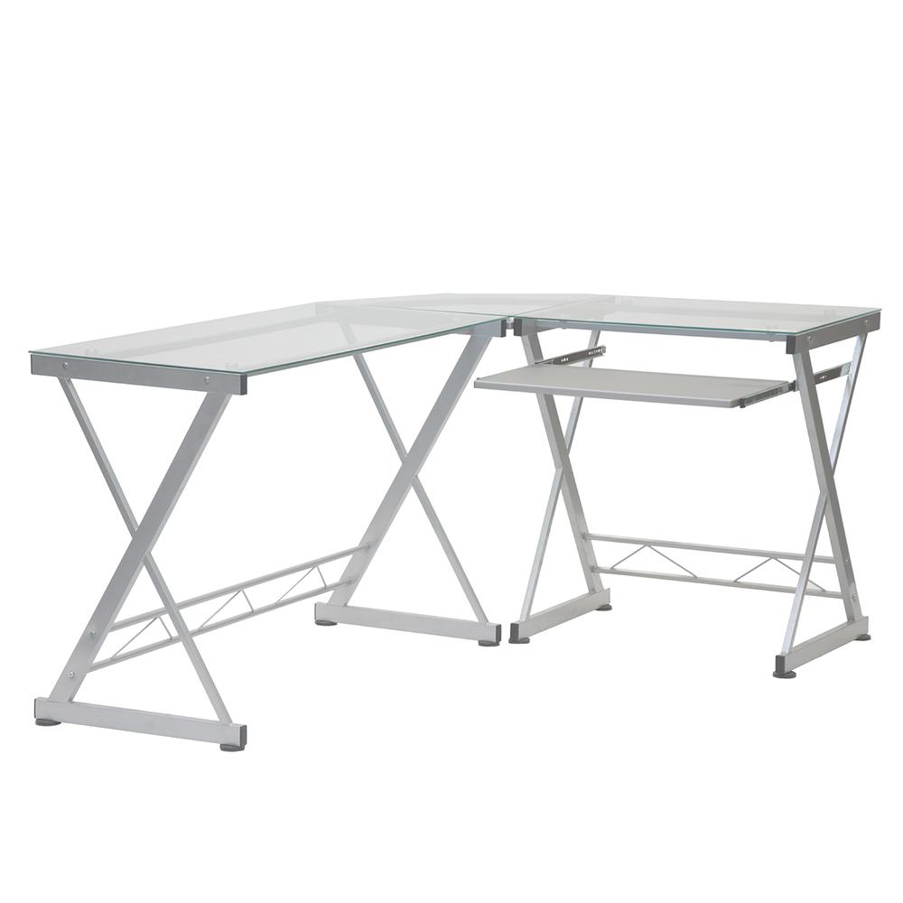 L-Shaped Tempered Glass Top Computer Desk With Pull Out Keybaord Panel. Color: Clear