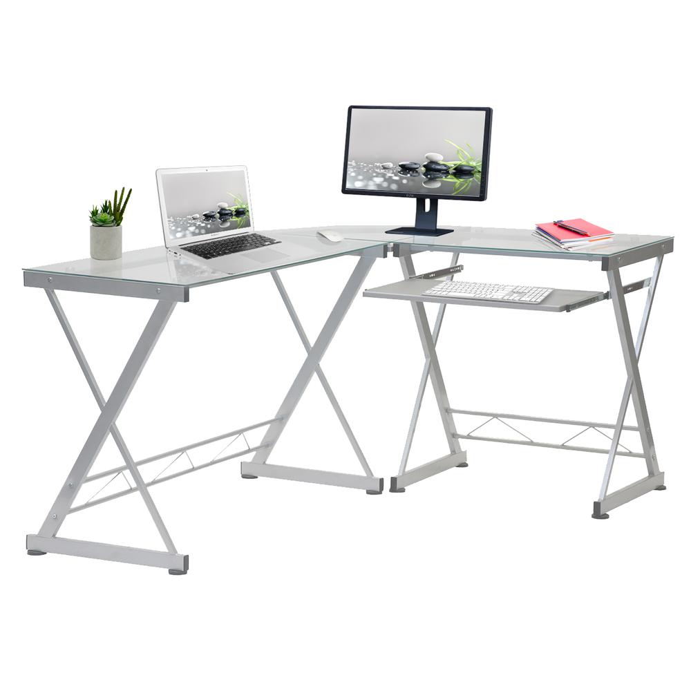 L-Shaped Tempered Glass Top Computer Desk With Pull Out Keybaord Panel. Color: Clear