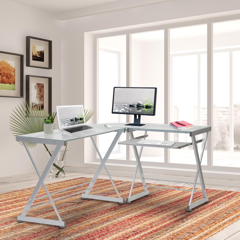 L-Shaped Tempered Glass Top Computer Desk With Pull Out Keybaord Panel. Color: Clear