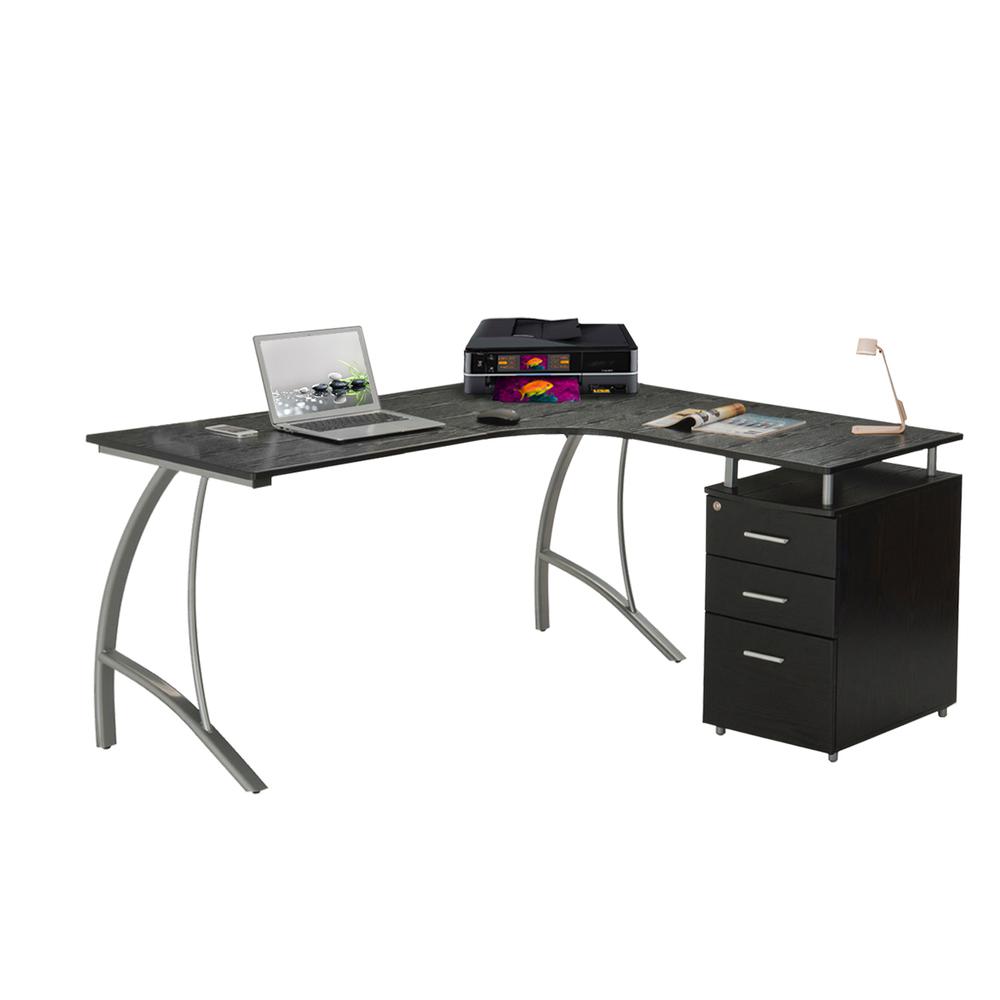 Modern L- Shaped Computer Desk with File Cabinet and Storage. Color: Espresso