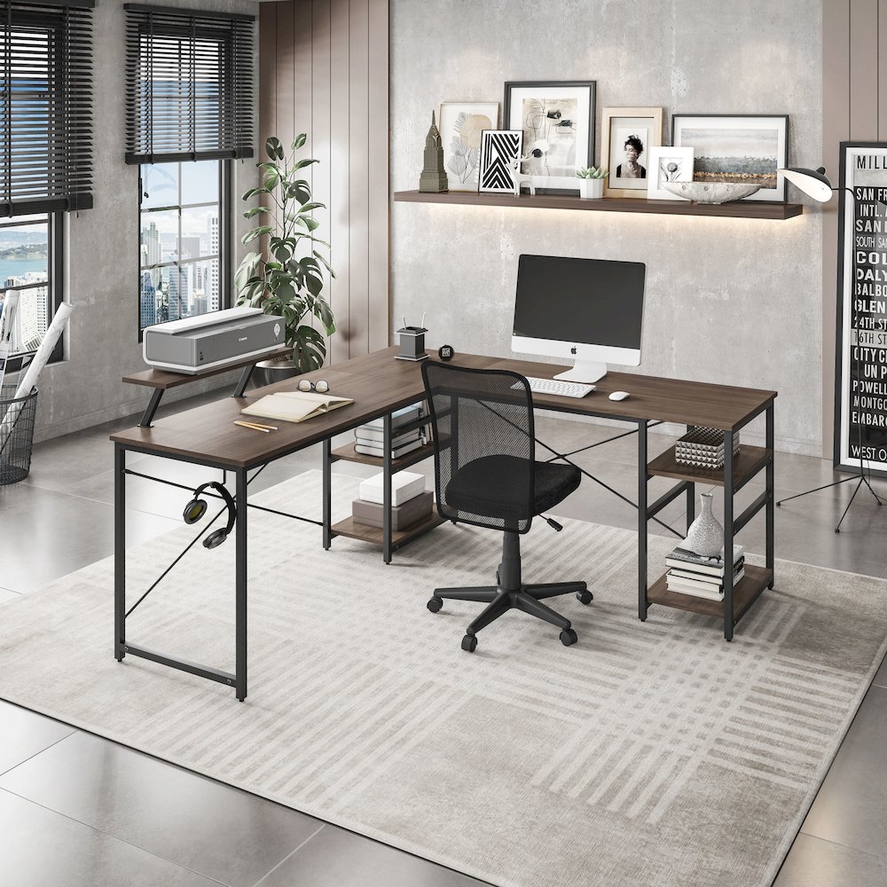 Techni Mobili L-Shape Industrial Desk with storage shelves