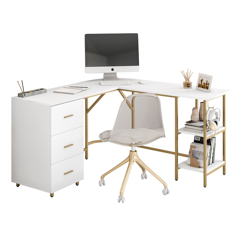 Techni Mobili L-Shape Home Office Two-Tone Desk with Storage