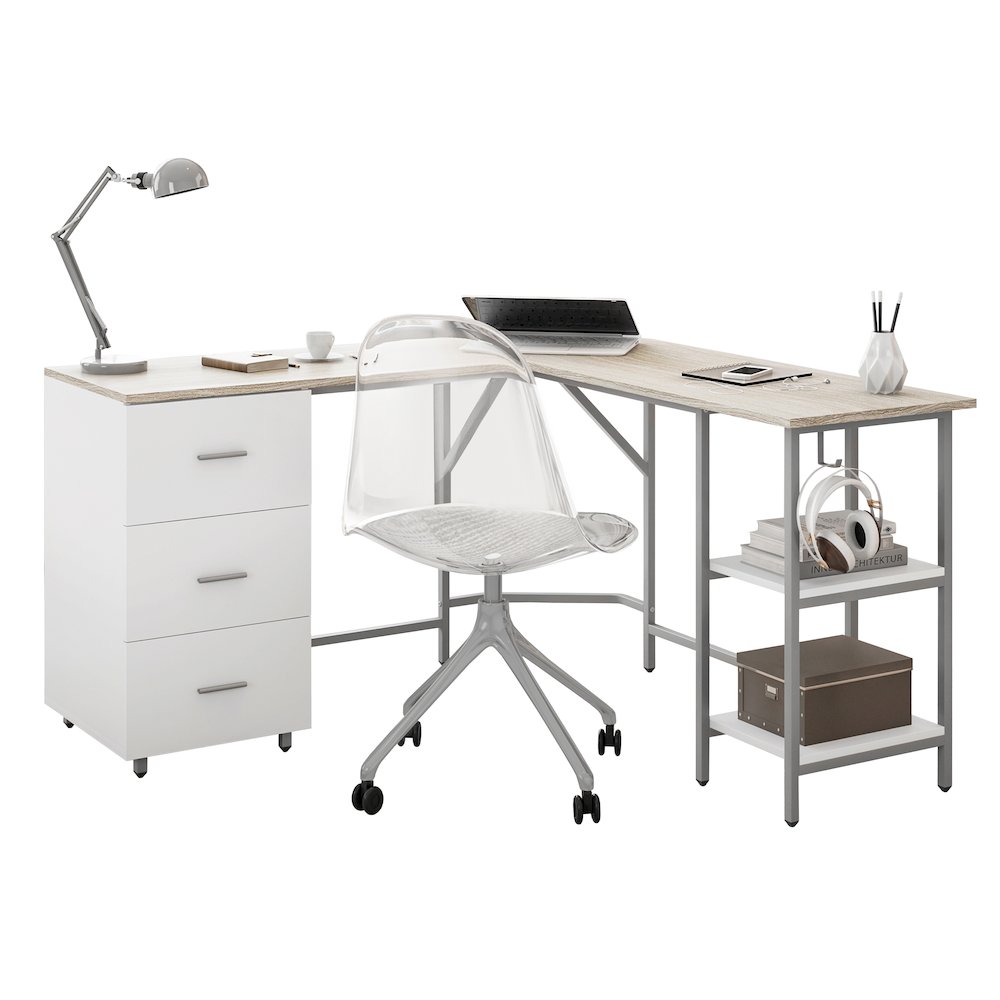 Techni Mobili L-Shape Home Office Two-Tone Desk with Storage