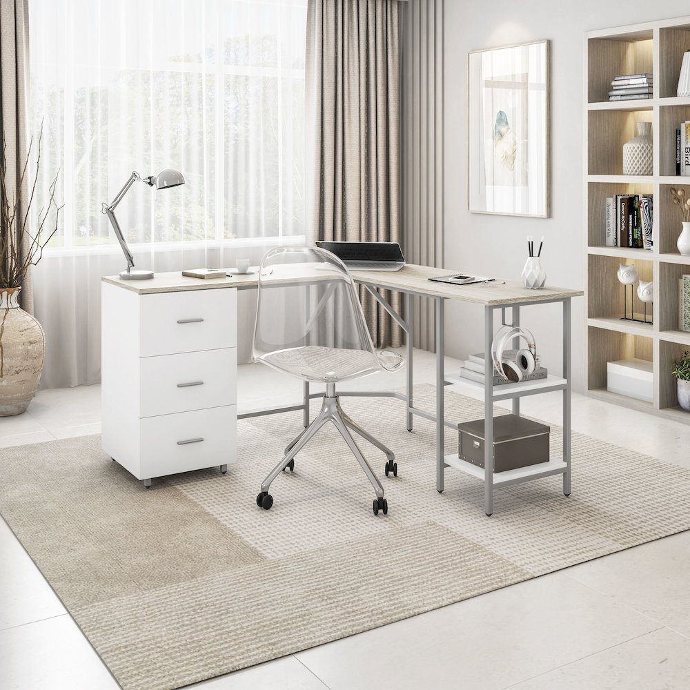 Techni Mobili L-Shape Home Office Two-Tone Desk with Storage