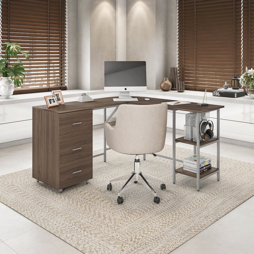 Techni Mobili L-Shape Home Office Two Tone Desk with Storage