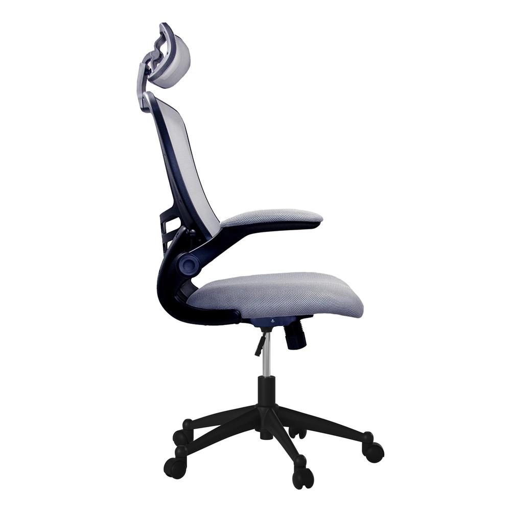 Modern High-Back Mesh Executive office Chair With Headrest And Flip Up Arms. Color: Silver Grey