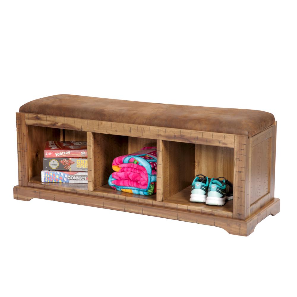 Solid Wood Hall Bench with Pinto Brown Microfiber Fabric Covered Cushioned Seat