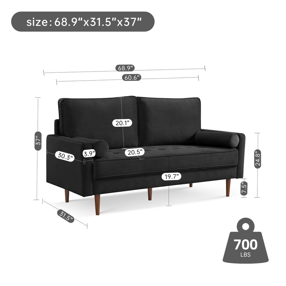 69 Inch Wide Upholstered Two Cushion Sofa with Bolster Pillows