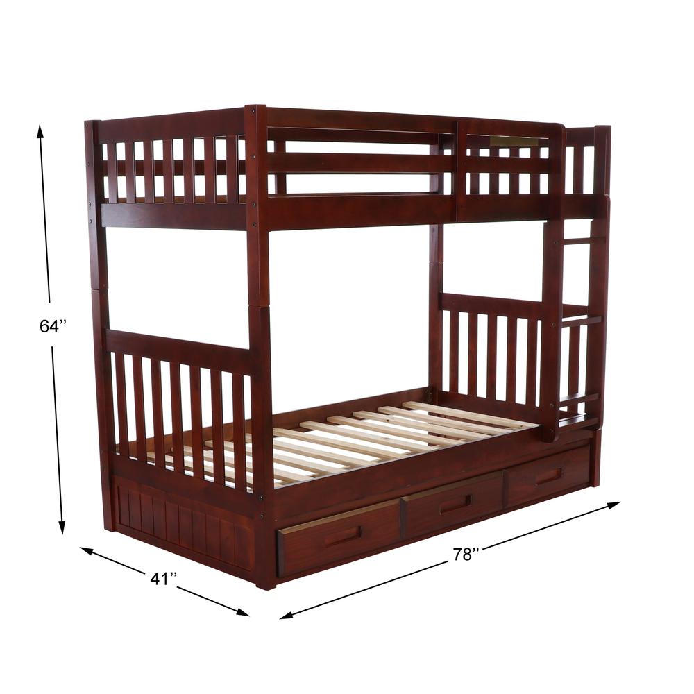 Solid Pine Mission Twin over Twin Bunk Bed with Three Drawers