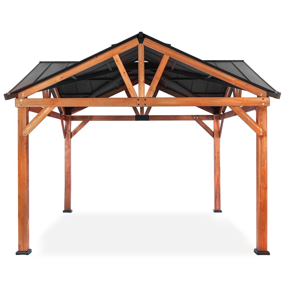 Cedar Gazebo with Metal Roof Measuring 12 Feet by 12 Feet