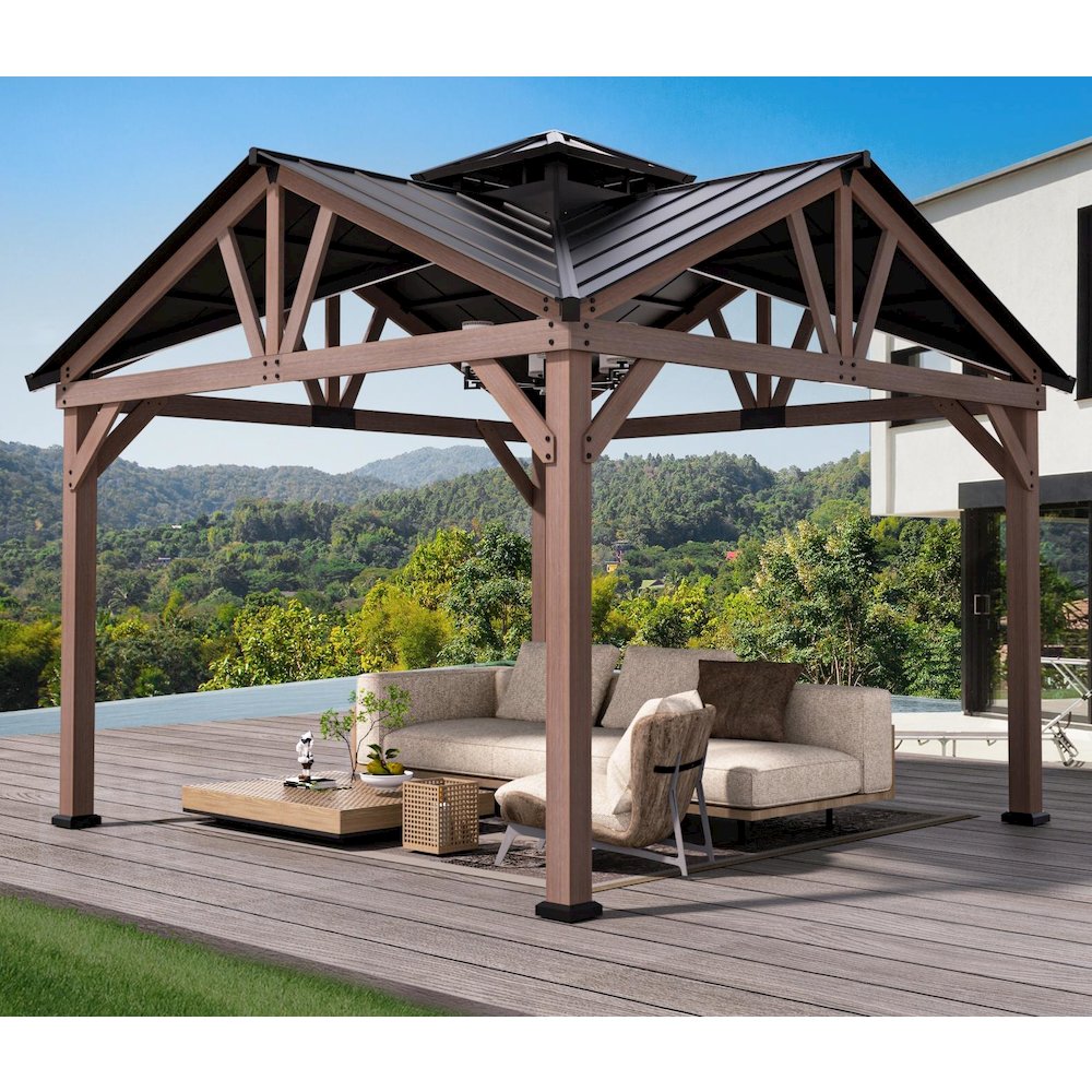 Cedar Gazebo with Metal Roof Measuring 12 Feet by 12 Feet
