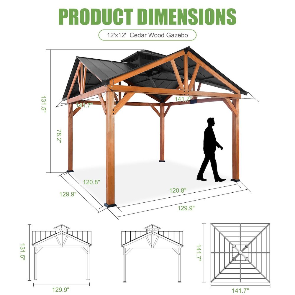 Cedar Gazebo with Metal Roof Measuring 12 Feet by 12 Feet