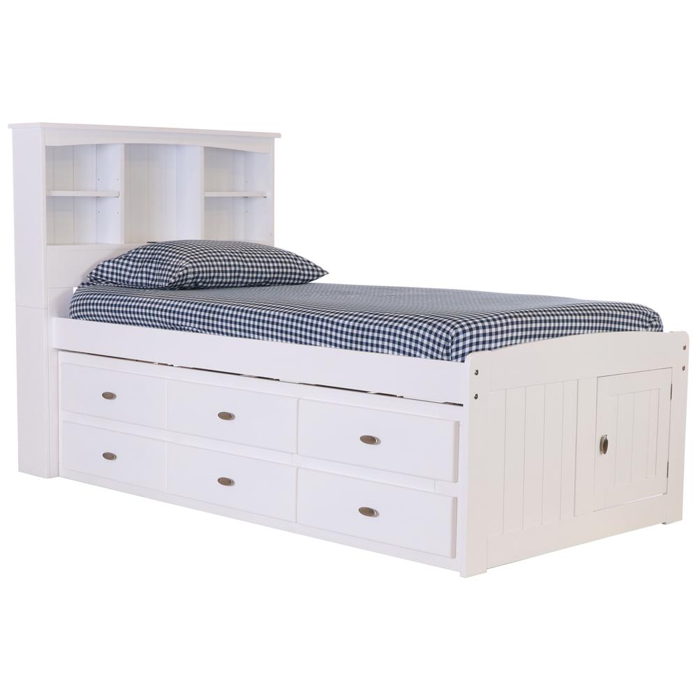 OS Home and Office Furniture Model 80220K12-22 Solid Pine Twin Captains Bookcase Bed with 12 spacious underbed drawers in Casual White