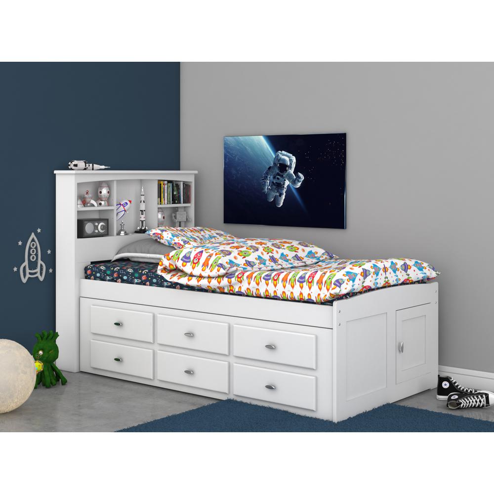 OS Home and Office Furniture Model 80220K12-22 Solid Pine Twin Captains Bookcase Bed with 12 spacious underbed drawers in Casual White