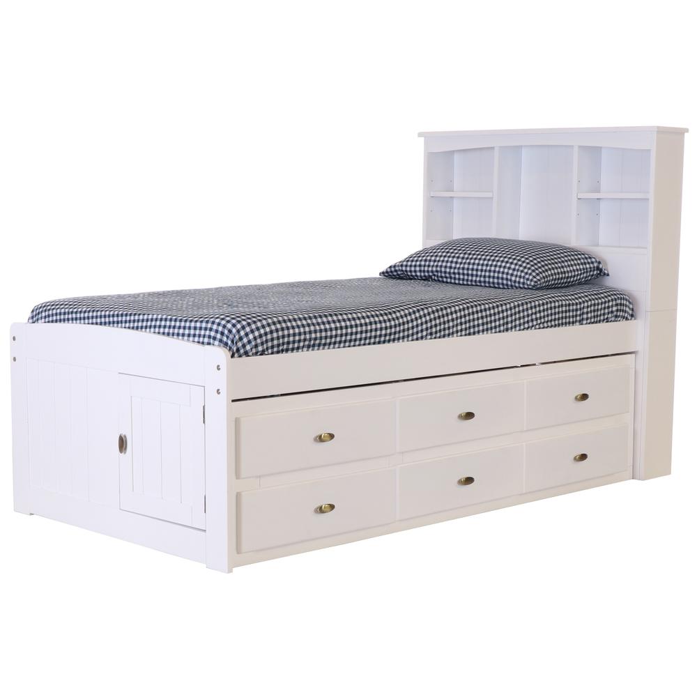 OS Home and Office Furniture Model 80220K12-22 Solid Pine Twin Captains Bookcase Bed with 12 spacious underbed drawers in Casual White