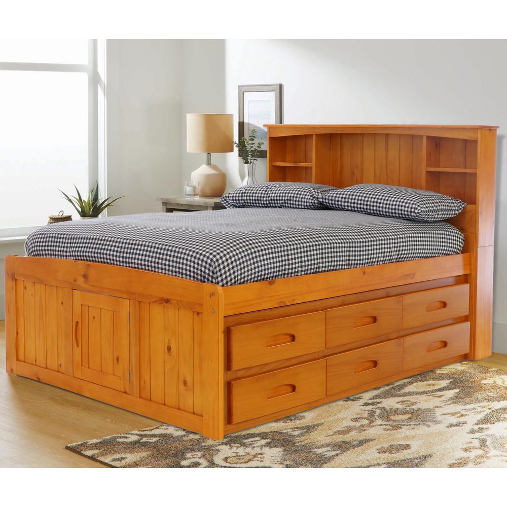 OS Home and Office Furniture Model 82121K12-22 Solid Pine Full Captains Bookcase Bed with 12 drawers in Warm Honey
