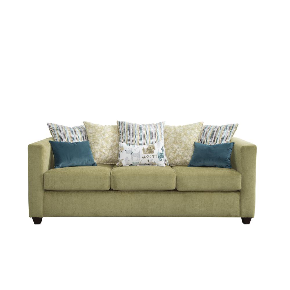 Urban Square Arm Green Sofa with Eight Throw Pillows