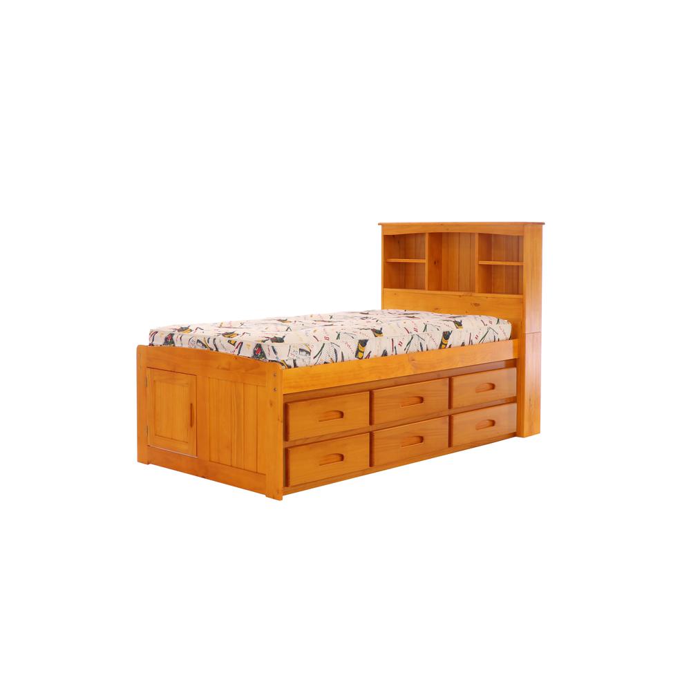 OS Home and Office Furniture Model 82120K6-22 Solid Pine Twin Captains Bookcase Bed with 6 drawers in Warm Honey