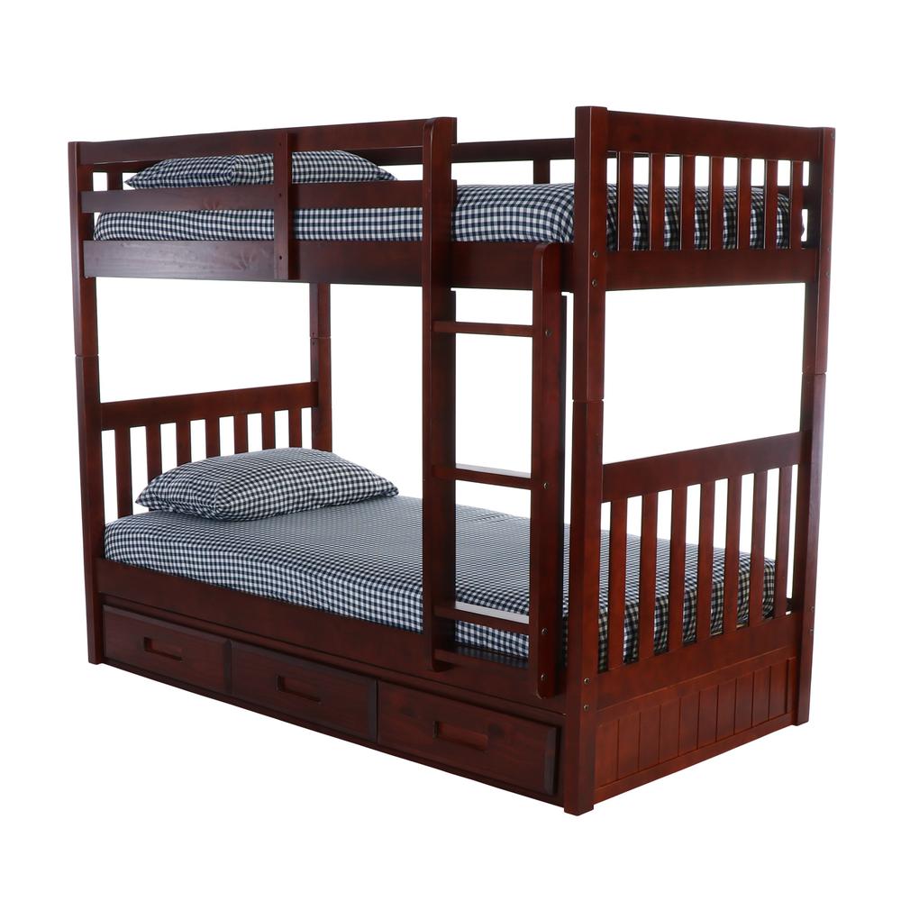 Solid Pine Mission Twin over Twin Bunk Bed with Three Drawers