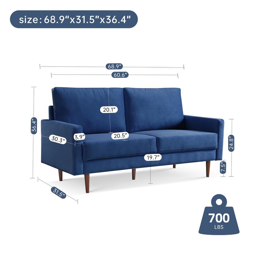 69 Inch Wide Upholstered Two Cushion Sofa with Square Arms