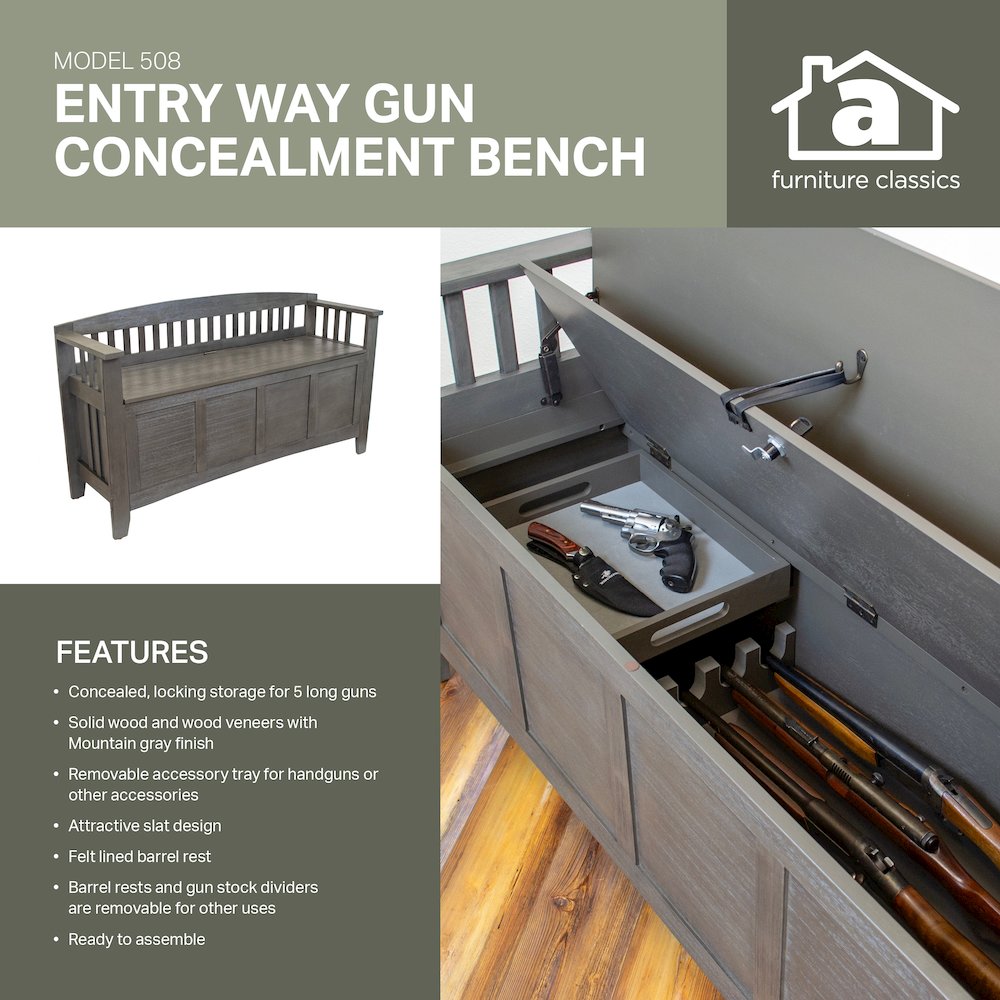 American Furniture Classics Model 508 Entryway Gun Concealment Bench Grey