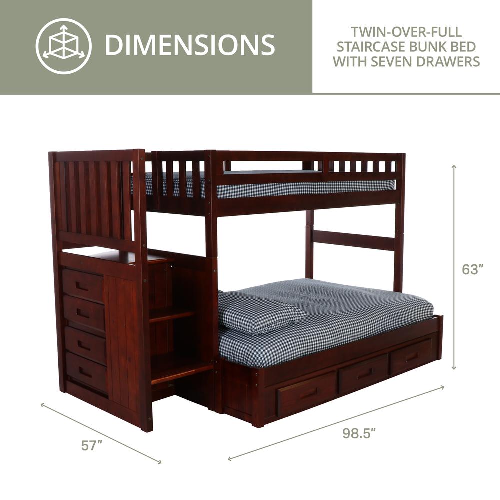 Solid Pine Mission Staircase Twin over Full Bunk Bed with Seven Drawers